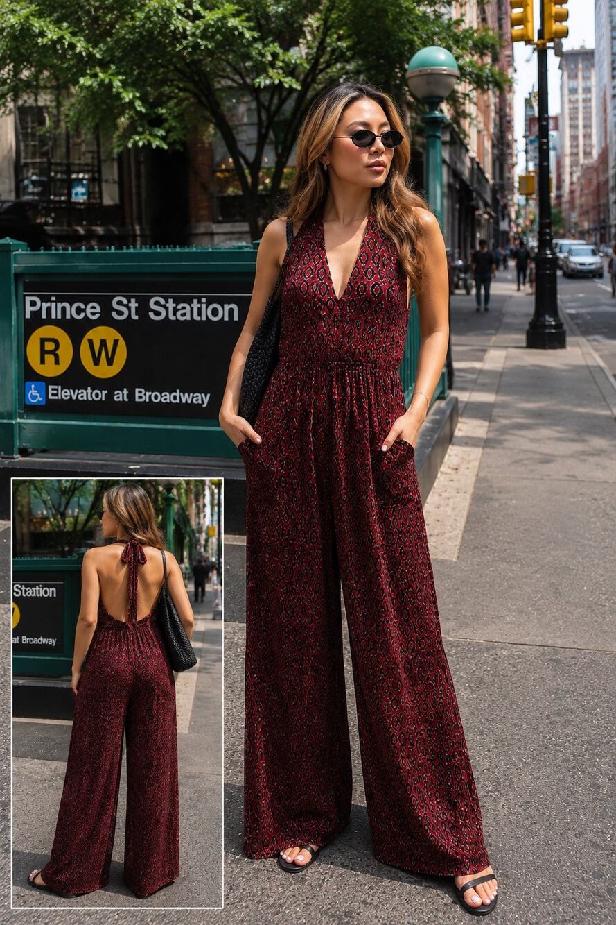 Motel x Urban Outfitters Burgundy Velvet Halter Wide Leg Jumpsuit | Size Small